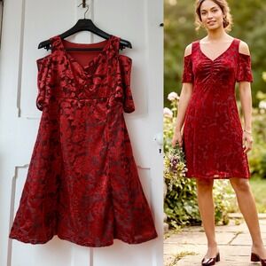 Red Burnout Velvet Cold Shoulder Floral Dress Romantic Gothic Knee Length